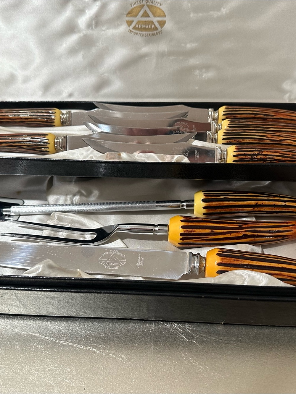 Vintage Sheffield Knife Set: 9-Piece Faux Horn Cutlery, 1960s UK Made